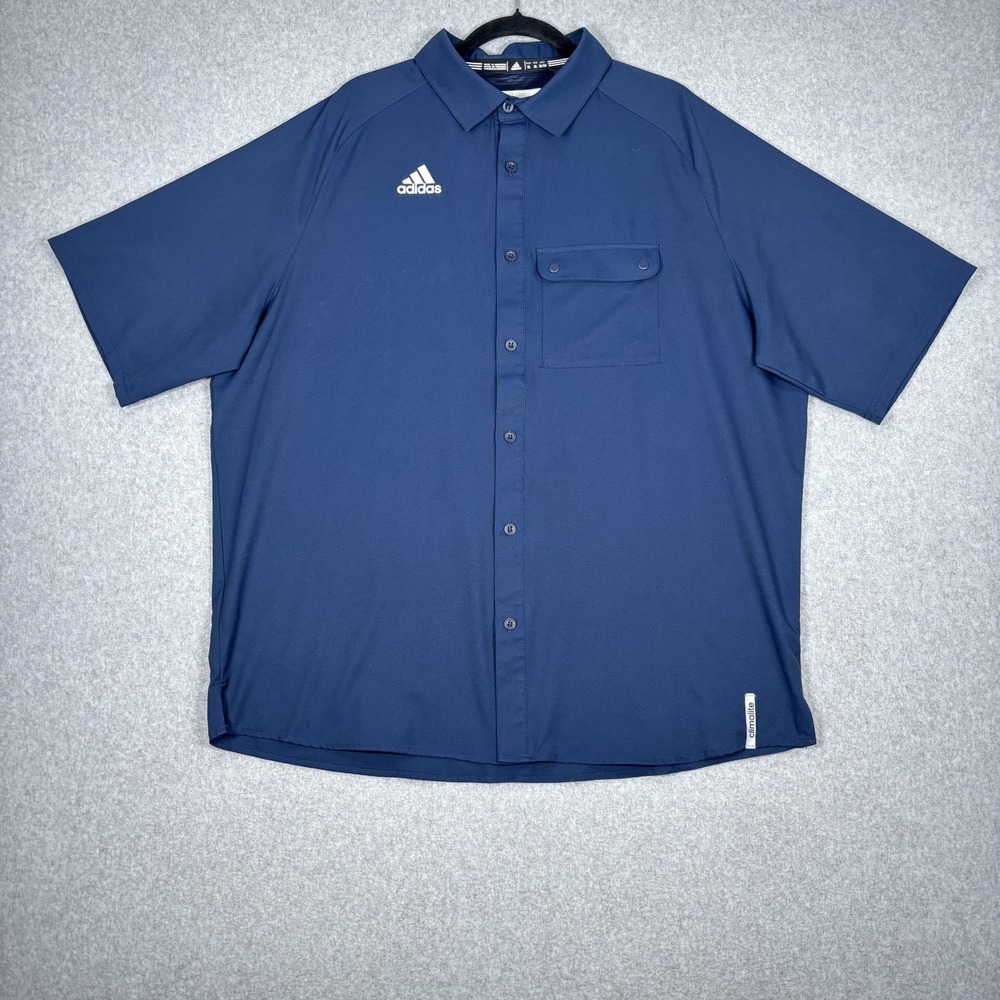Adidas Button Up Shirt Mens XL Navy Blue Climalite Short Sleeve Pocket